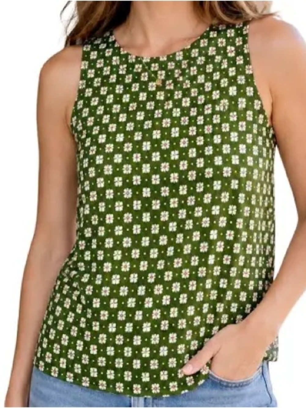 CAbi Olive Green Orange Floral Daisy Print Button Up Sleeveless Tank